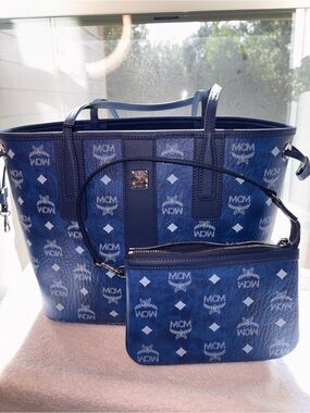 MCM Navy Blue Visetos Reversible Tote with Pouch